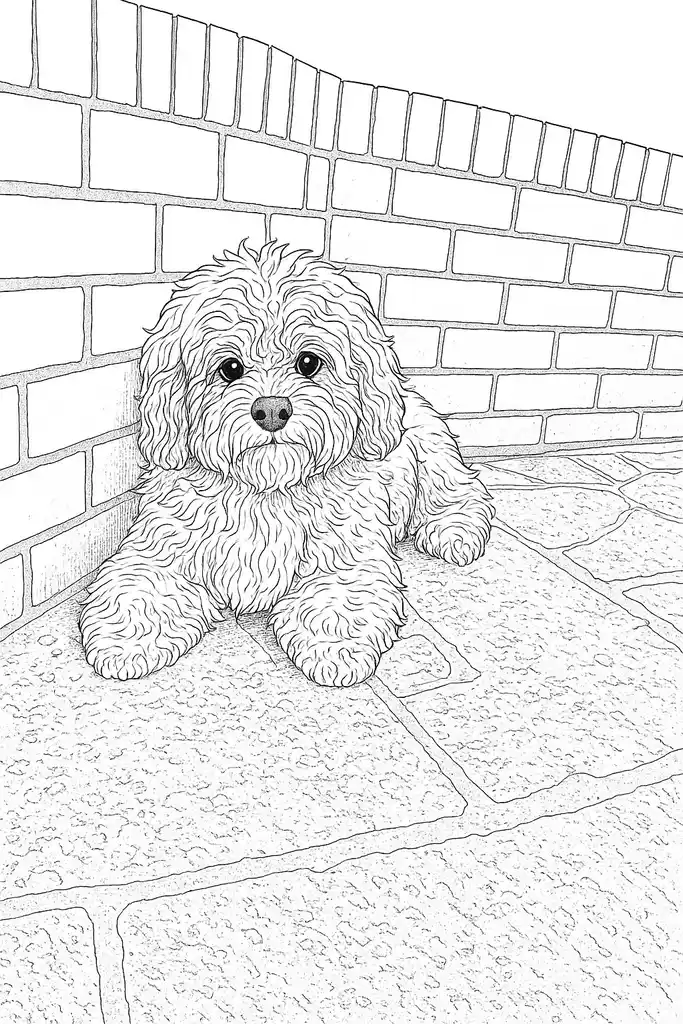 Fluffy Pup Against a Brick Wall