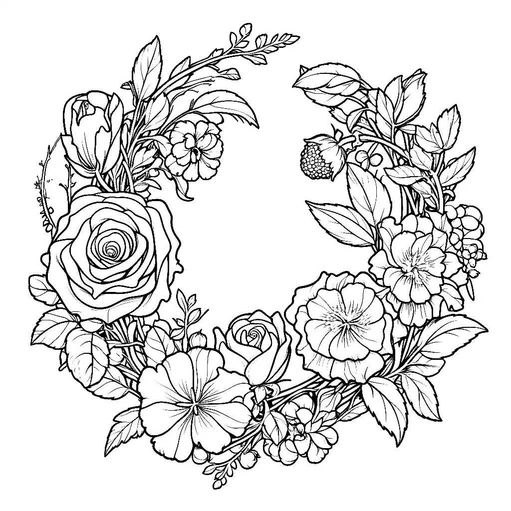 Coloring page featuring a detailed flower wreath design suitable for adults, with intricate floral patterns for coloring.