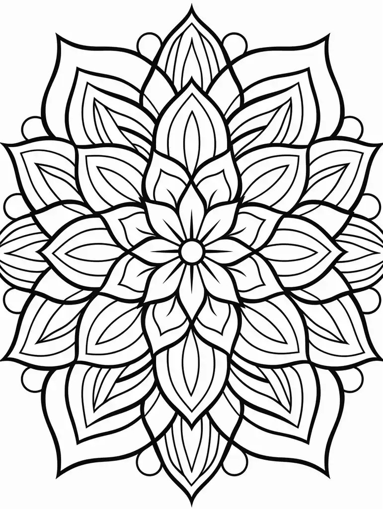 "Floral mandala design with intricate patterns, suitable for coloring, free download in PDF format."