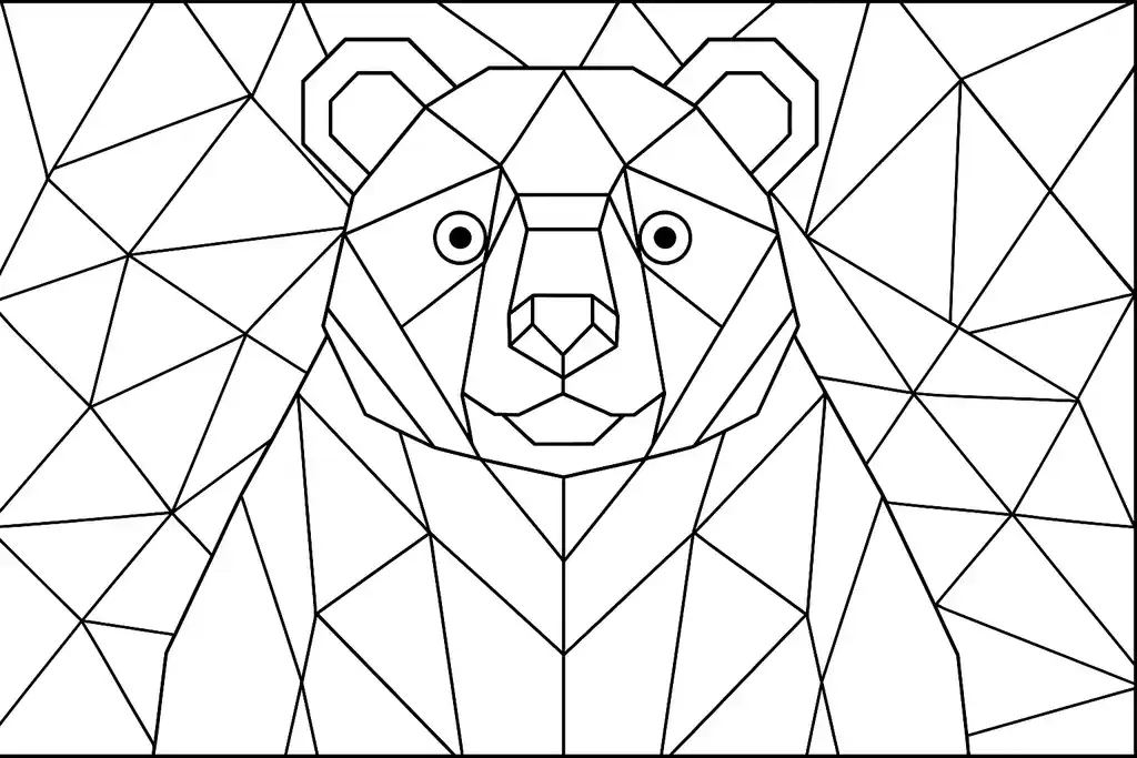 Geometric bear design suitable for all ages, featuring intricate patterns and shapes in a free printable PDF coloring page.