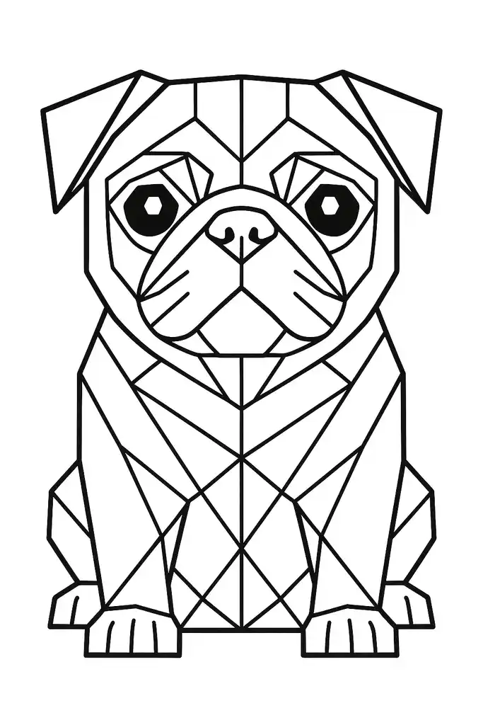 Geometric pug design for coloring, suitable for kids, featuring a stylized pug with geometric patterns.