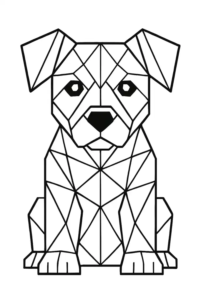 Geometric cute puppy design suitable for all ages, featuring bold and easy-to-color patterns.