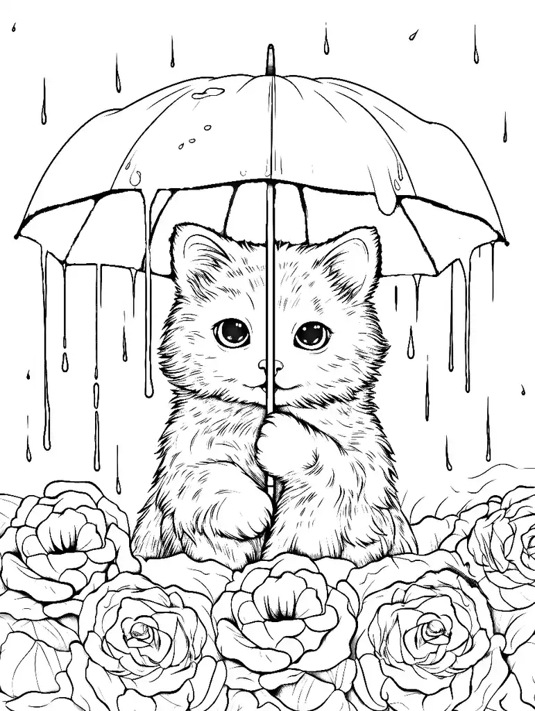 A cute fantasy kitten with an umbrella in the rain sitting on flowers.