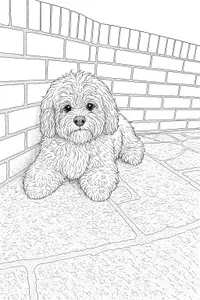 Fluffy Pup Against a Brick Wall